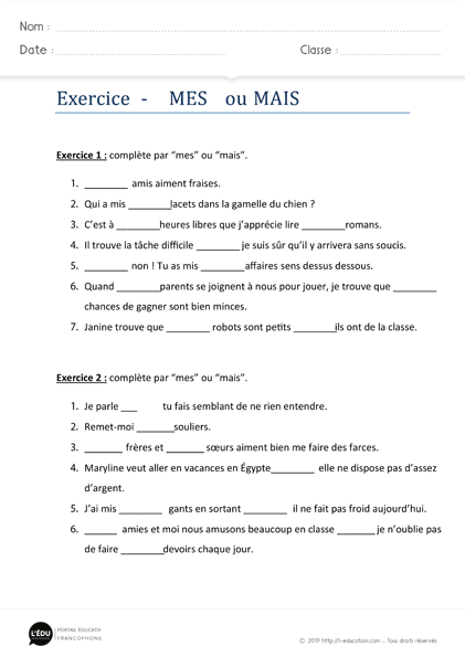 exercices homophones mes mais imprimer - Exercices d'orthographe mes mais