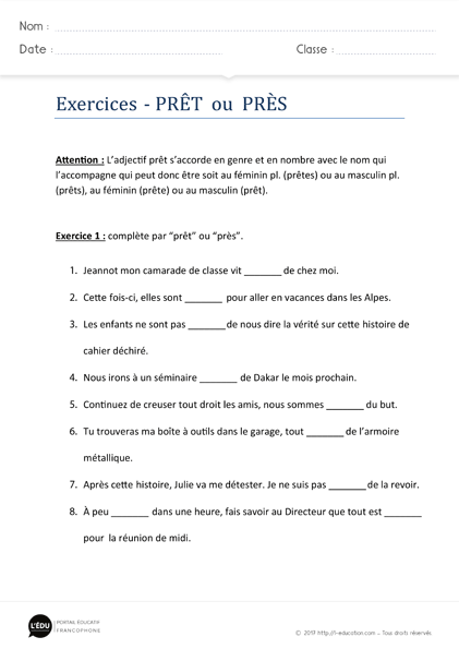 exercices homophones prêt près imprimer - Exercices d'orthographe prêt près