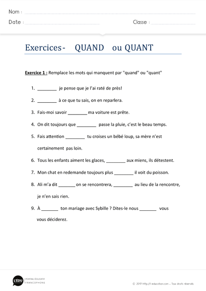 exercices homophones quand quant imprimer - Exercices d'orthographe quand quant