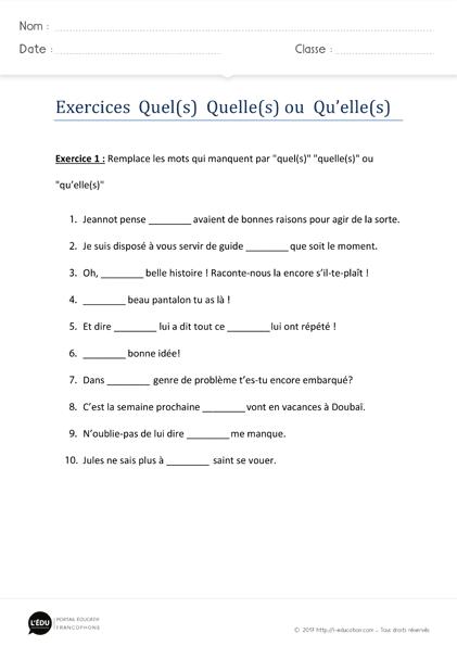exercices homophones quels quelles qu'elles imprimer - Exercices d'orthographe quels quelles qu'elles