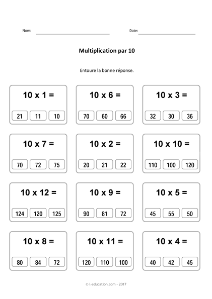 Cours & Jeu table de multiplication de 10 - Multiplier par 10 fiches à imprimer