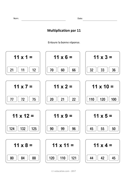 Cours & Jeu table de multiplication de 11 - Multiplier par 11 fiches à imprimer