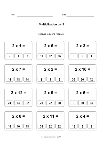 Cours & Jeu table de multiplication de 2 - Multiplier par 2 fiches à imprimer
