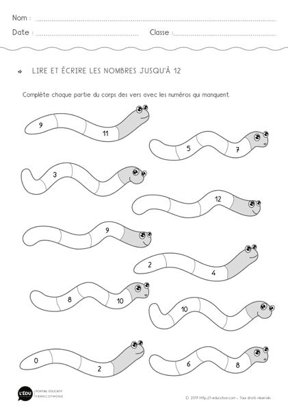 les nombres de 1 à 12 - exercice numération cp
