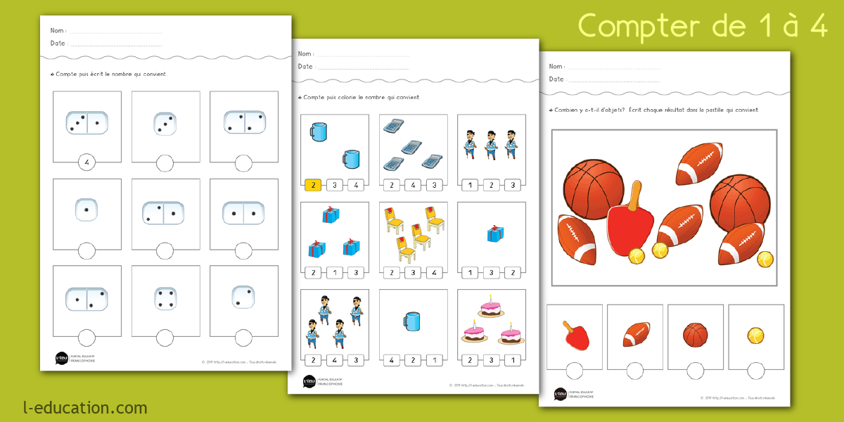 Compter de 1 à 4 -Apprendre à compter jusqu’à 4 - Fiches nombres PS MS