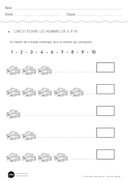 Compter de 0 à 10 Maternelle CP - exercice 01
