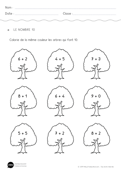 calcul autour du nombre 10 - additions qui donnent 10
