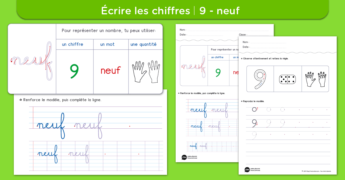écrire le chiffre 9 neuf