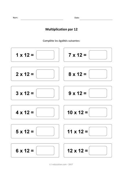 Cours & Jeu table de multiplication de 12 - Multiplier par 12 fiches à imprimer